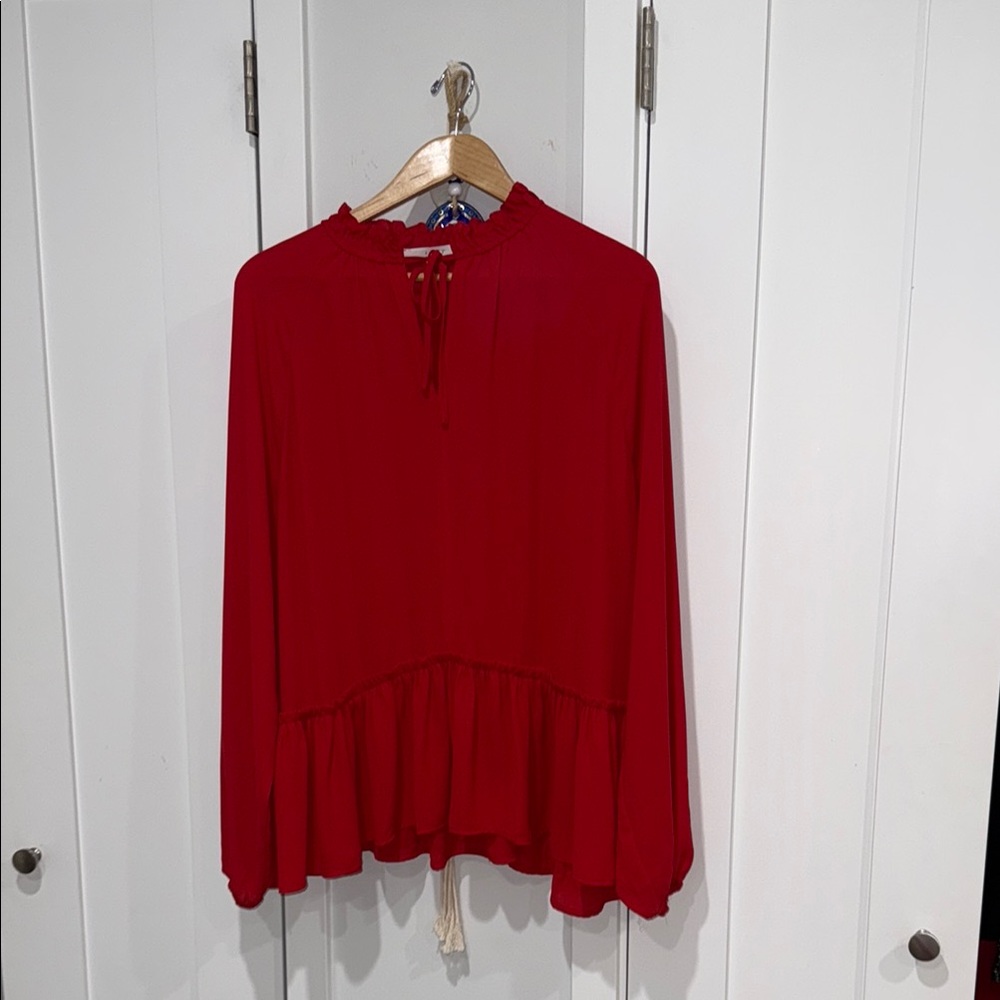 LOFT Red Peplum Blouse with Mandarin Collar